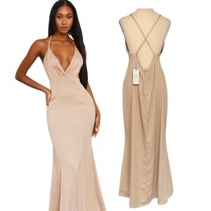 NWT Club L London Nude Satin Open Back Maxi Slip Dress Size 8